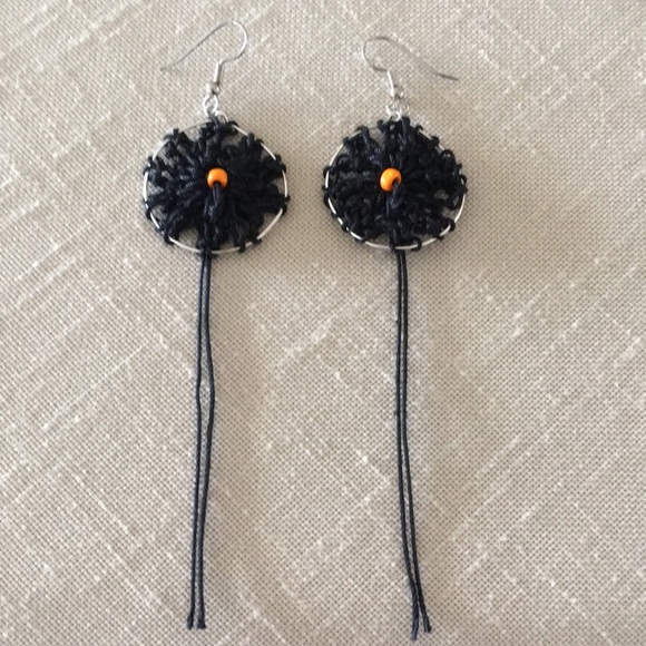 Boho Crocheted Black Pierced Earrings Handcrafted with Orange Accent Bead - Picture 3 of 4